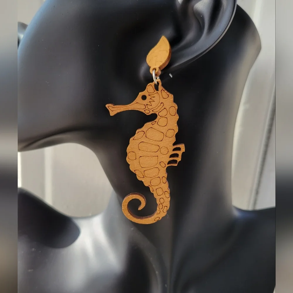 Handmade Seahorse Wooden Earrings - Picture 1 of 5
